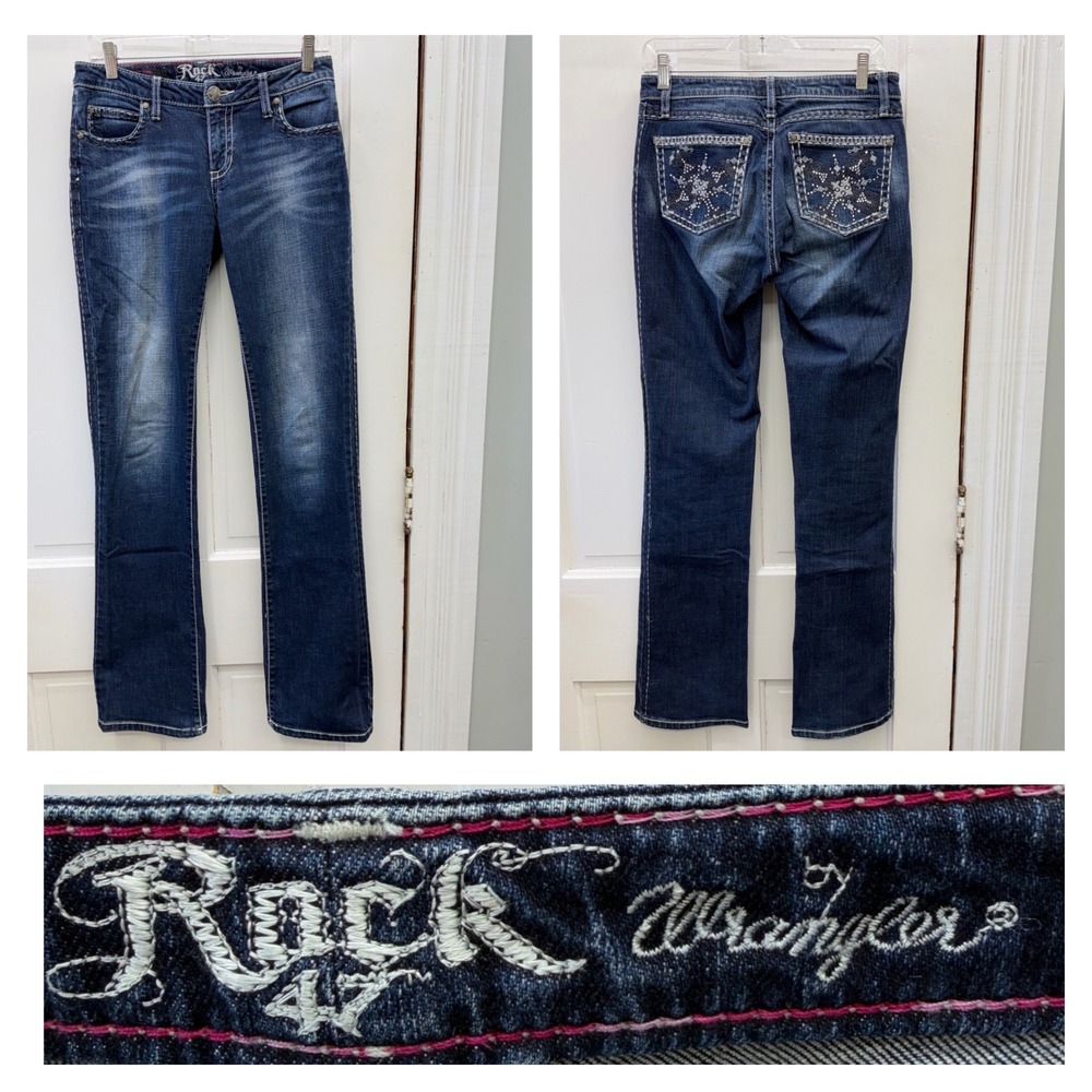 Rock 47 Wrangler‎ Western Thick Stitch Bootcut Denim Jeans Women's 3 4 Long Tall